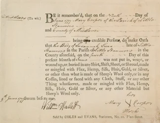 Beëdigde verklaring dat het lichaam van Susannah Sims werd begraven in schapenwol