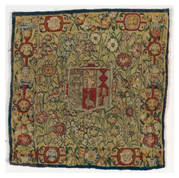 Wandtapijt kussenhoes met de wapens van Sacheverell, gemaakt in Sheldon, Engeland, na 1600