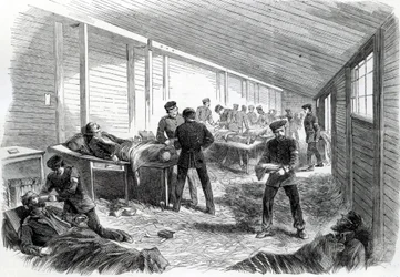 Tijdelijk veldhospitaal achter de tweede Pruisische parallel bij Dueppel, 1864