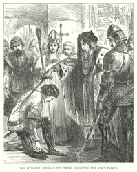 De accolade: Edward de Derde riddert de Zwarte Prins (gravure)