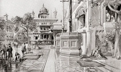 De Akal Takht of Akal Bunga, Harmandir Sahib (Gouden Tempel) complex, Amritsar, Punjab, India in 1864, uit Hutchinson