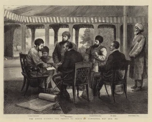 De Ameer die het vredesverdrag ondertekent in Gandamak, 26 mei 1879