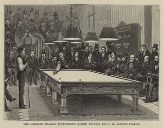 Het Amerikaanse biljarttoernooi, Joseph Bennett en S W Stanley spelen (gravure)