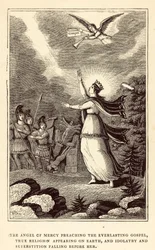 De engel van barmhartigheid predikt het eeuwige evangelie, ware religie verschijnt op aarde (gravure)
