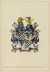 De wapenschilden van Edward Chaddock Lowndes, Esquire van Castle Combe, Chippenham (kleurenlitho)