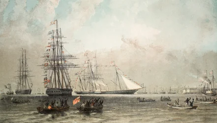 De aankomst van het koninklijke jacht voor Gravesend, 7 maart 1863, uit Een gedenkteken van het huwelijk van Edward VII en Alexandra van Denemarken, uitgegeven 1864