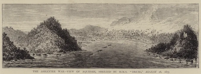 De Ashantee Oorlog, Uitzicht op Aquidah, beschoten door HMS "Druid", 28 augustus 1873 (gravure)