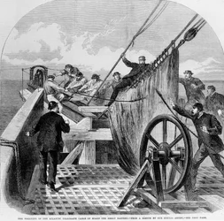 Het breken van de Atlantische telegraafkabel aan boord van de Great Eastern, 1865 (gravure)