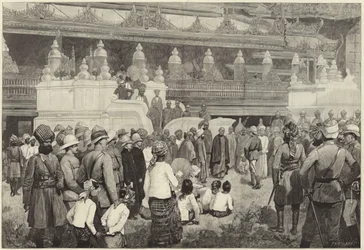 De boeddhistische aartsbisschop van Birma ontvangt Sir Frederick Roberts in het klooster in Mandalay