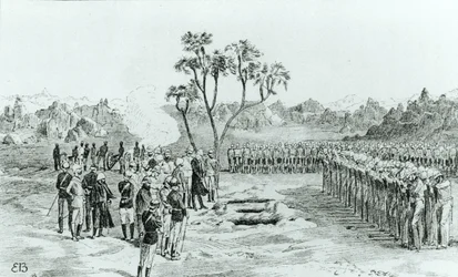 De begrafenis van generaal Earle en kolonels Eyre en Coveney in Kirbekan, uit De Campagne van de Cataracten door generaal William Francis Butler, gepubliceerd 1887