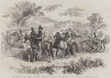 De Burke en Wills Australische ontdekkingsreis, vertrek van de expeditie vanuit het Royal Park, Melbourne, 20 augustus 1860 (gravure)