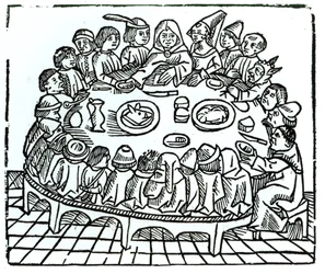 De Canterbury Pelgrims aan een gezamenlijke maaltijd, illustratie uit Geoffrey Chaucer