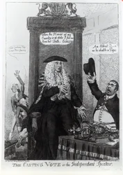 De beslissende stem, of de onafhankelijke spreker, satirische cartoon met toenmalig premier Henry Addington, 1805
