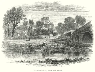 De kathedraal, vanaf de rivier (gravure)