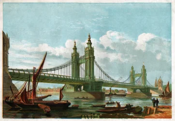 De Chelsea Bridge, Londen (gravure, ca. 1860)