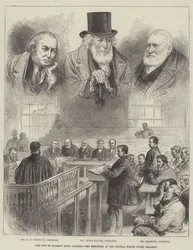 Het faillissement van de City of Glasgow Bank, de gevangenen in het centrale politiebureau van Glasgow (gravure)