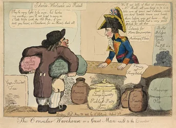 Het Consulaire Magazijn of een Groot Man aan de Balie genageld, uitgegeven 1802 (handgekleurde gravure)