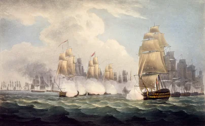 De Nederlaag van de Fransen onder Linois door Commodore Dances Squadron, 15 februari 1804, uit The Naval Chronology of Great Britain, door J. Ralfe
