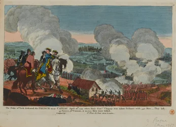 De hertog van York (1763-1827) verslaat de Fransen bij Cateau, 26 april 1794, uit een reeks van Zevenjarige Oorlogscènes gepubliceerd door F. West, 1834