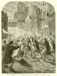 De menigte van Edinburgh draagt kapitein Porteous naar de executie, 1737