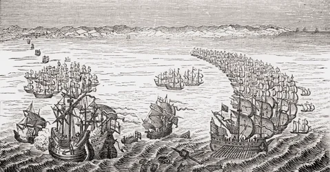 De Engelse vloot, onder bevel van Sir Francis Drake, valt de Spaanse Armada aan in 1588, uit 