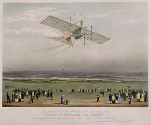 De vliegmachine, de Ariel, naar ontwerpen van W.S. Henson, uitgegeven door Ackermann & Co., 1843