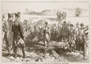 De Franse commissarissen komen om te onderhandelen over de overgave van Pondicherry, illustratie uit Cassells Geïllustreerde Geschiedenis van India door James Grant, uitgegeven 1879