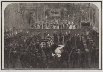 De begrafenis van wijlen Zijne Koninklijke Hoogheid de Prins-Gemaal, de begrafenisceremonie in het koor (gravure)