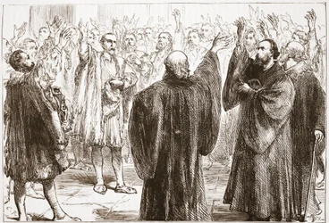 De Genevenaren zweren hun afzwering van het rooms-katholicisme, illustratie uit De Geschiedenis van het Protestantisme door James Aitken Wylie, gepubliceerd in 1878