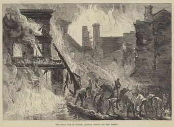 De grote brand in Dublin, sappers snijden de whisky af (gravure)