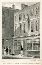 The Grecian Coffee House, Devereux Court, Strand, met een buste van Ben Johnson (gravure)