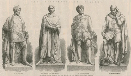 Het Holborn Viaduct: Historische stenen beelden op de huizen van de Farringdon Street Brug