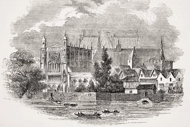 De huizen van het parlement vanaf de rivier in de tijd van John Hampden, uit 
