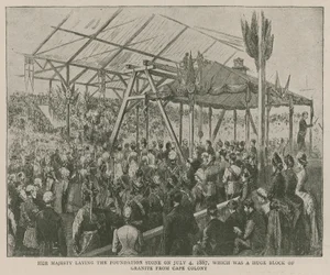 Het Imperial Institute: Hare Majesteit legt de eerste steen op 4 juli 1887, een enorme granieten blok uit Kaapkolonie