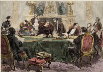 De keizerin Eugenie die een ministerraad voorzit in het Palais de l