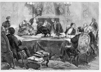 De keizerin Eugénie die een ministerraad voorzit in het Palais de l