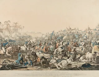 De laatste aanval van het 6e Regiment van Bengalen en het 6e Regiment van Madras Lichte Cavalerie op 16 december 1817 (kleur litho)