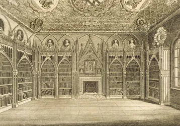 De bibliotheek, gegraveerd door Godfrey, uit Beschrijving van Strawberry Hill door Horace Walpole, 1784