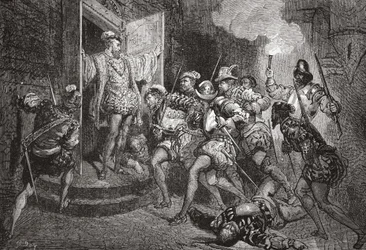 De Bloedbruiloft: aanval op de woning van Coligny, illustratie uit De Geschiedenis van het Protestantisme door James Aitken Wylie, gepubliceerd in 1878