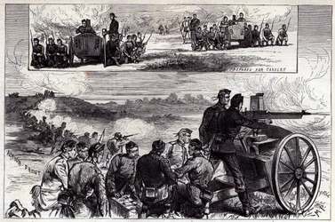 De Nordenfeldt-kanonnen in Aldershott, uit de Illustrated London News, september 1885