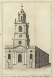 Het noordoostelijke aanzicht van de parochiekerk van St Botolph zonder Bishopsgate, Londen