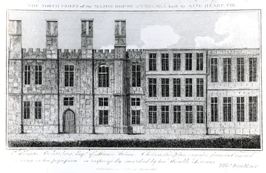 De Noordelijke Voorzijde van het Landhuis in Chelsea gebouwd door Koning Hendrik VIII, gegraveerd door J. Barlow, een illustratie in Een Historisch en Topografisch Verslag van Chelsea en zijn Omgeving