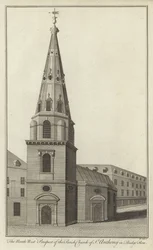 Het noordwestelijke aanzicht van de parochiekerk van St Anthony in Budge Row, Londen