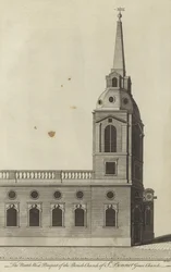 Het noordwestelijke uitzicht op de parochiekerk van St. Benet Gracechurch, Londen
