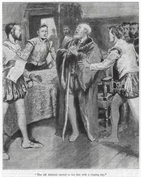 "De oude admiraal stond op met een gierende schreeuw" (gravure)