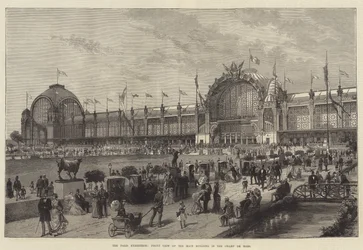De Parijse Tentoonstelling, Vooraanzicht van het Hoofdgebouw in de Champ de Mars (gravure)