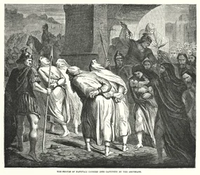 Het volk van Naftali in ballingschap gevoerd door de Assyriërs (gravure)