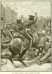 Het Peterloo-bloedbad: Huzaren die de mensen aanvallen