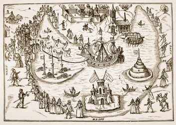 De vijver bij Elvetham tijdens het bezoek van koningin Elizabeth, uit The Honourable Entertainment gegeven aan de koningin in Prgresse bij Elvetham in Hampshire door de Right Honble de graaf van Hertford, 1591