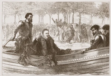 De Prins van Oranje in zijn boot op weg naar Brussel, illustratie uit De Geschiedenis van het Protestantisme door James Aitken Wylie, 1878